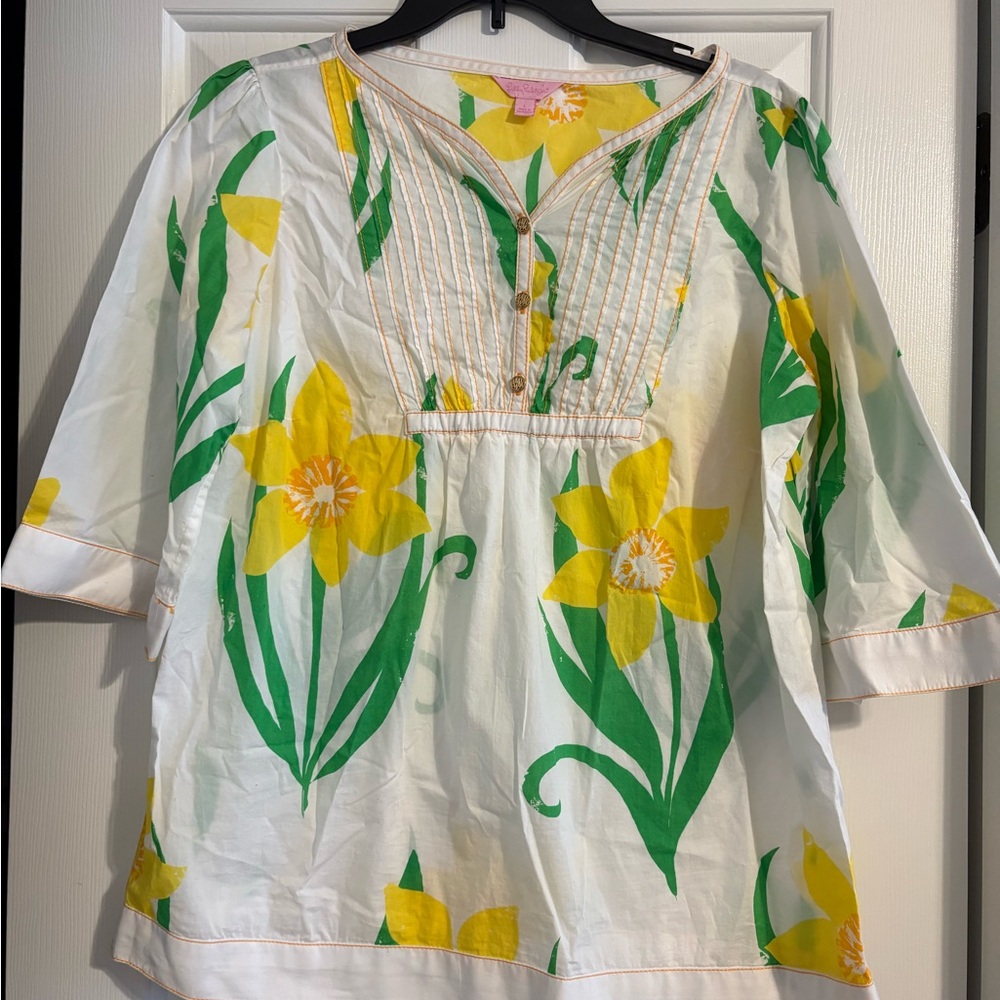 Lilly Pulitzer White Blouse with Yellow and Green Floral Print